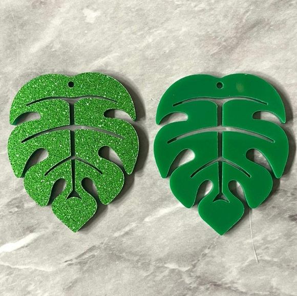 Large green glitter tropical Monstera Leaf Earrings - Picture 6 of 8